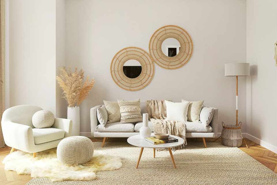 organic shapes styled living room with natural materials, rattan accents and light neutral colors